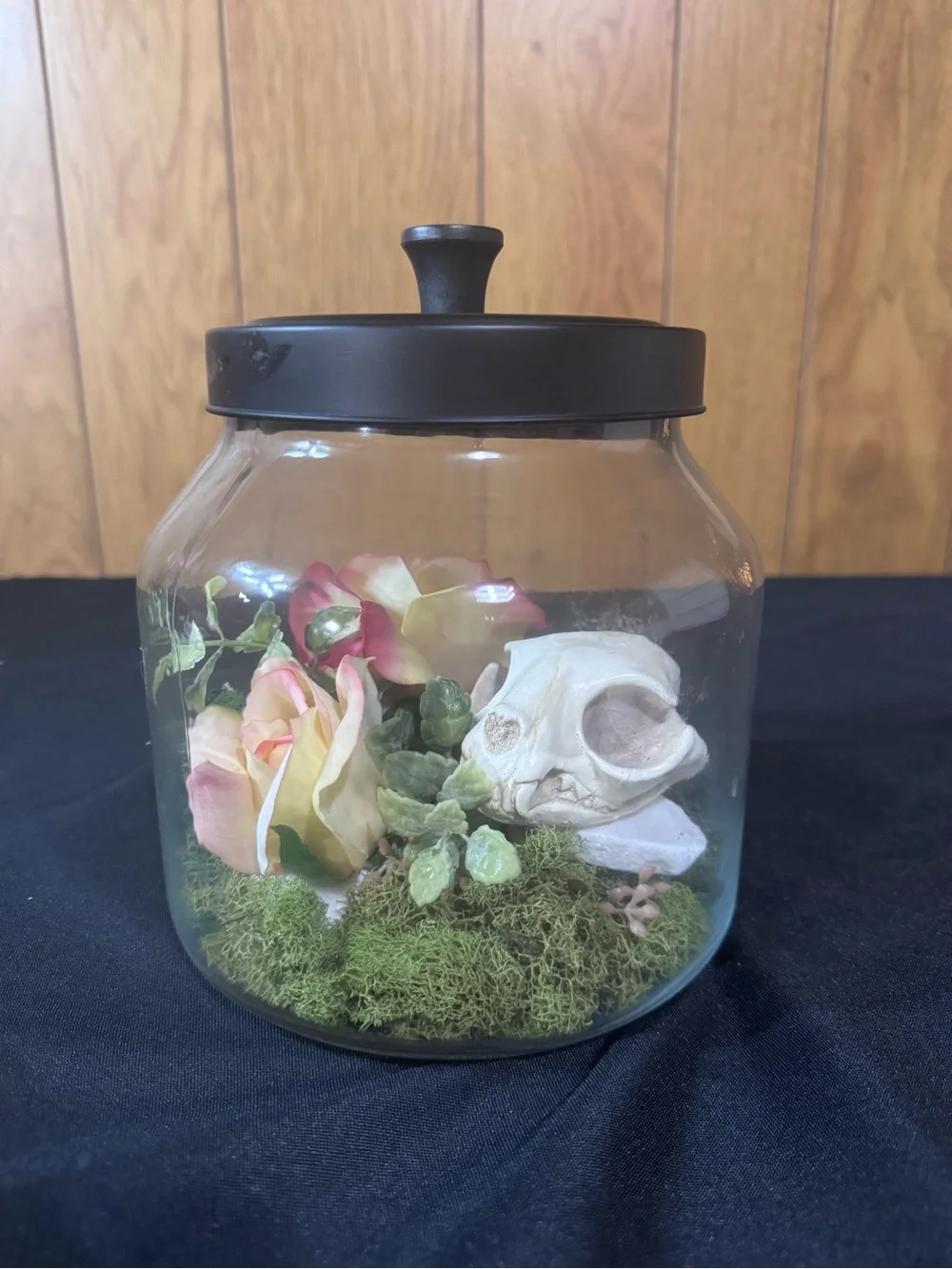 Black Lid Glass Terrarium Jar with Floral and Moss Display